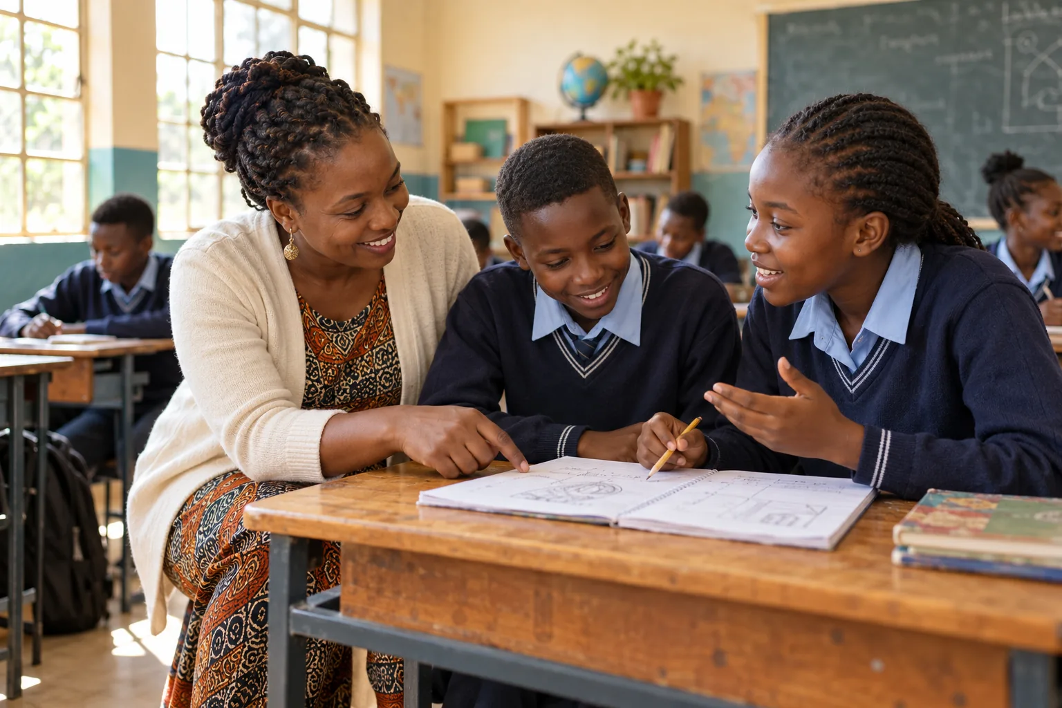 Teacher helping two learners with classwork in a classroom